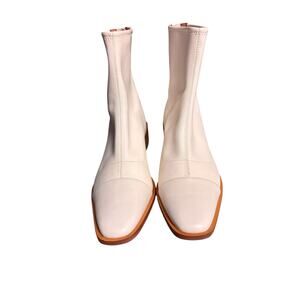 Linea Paolo Venata block-heel white booties with a stacked heel and back zipper